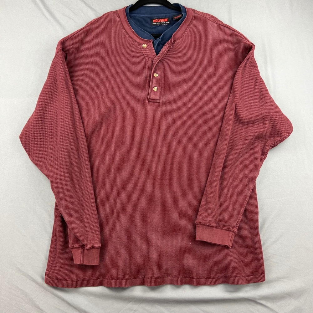 Wolverine Henley Shirt Mens Large Waffle Knit Maroon Long Sleeve Cotton Thermal